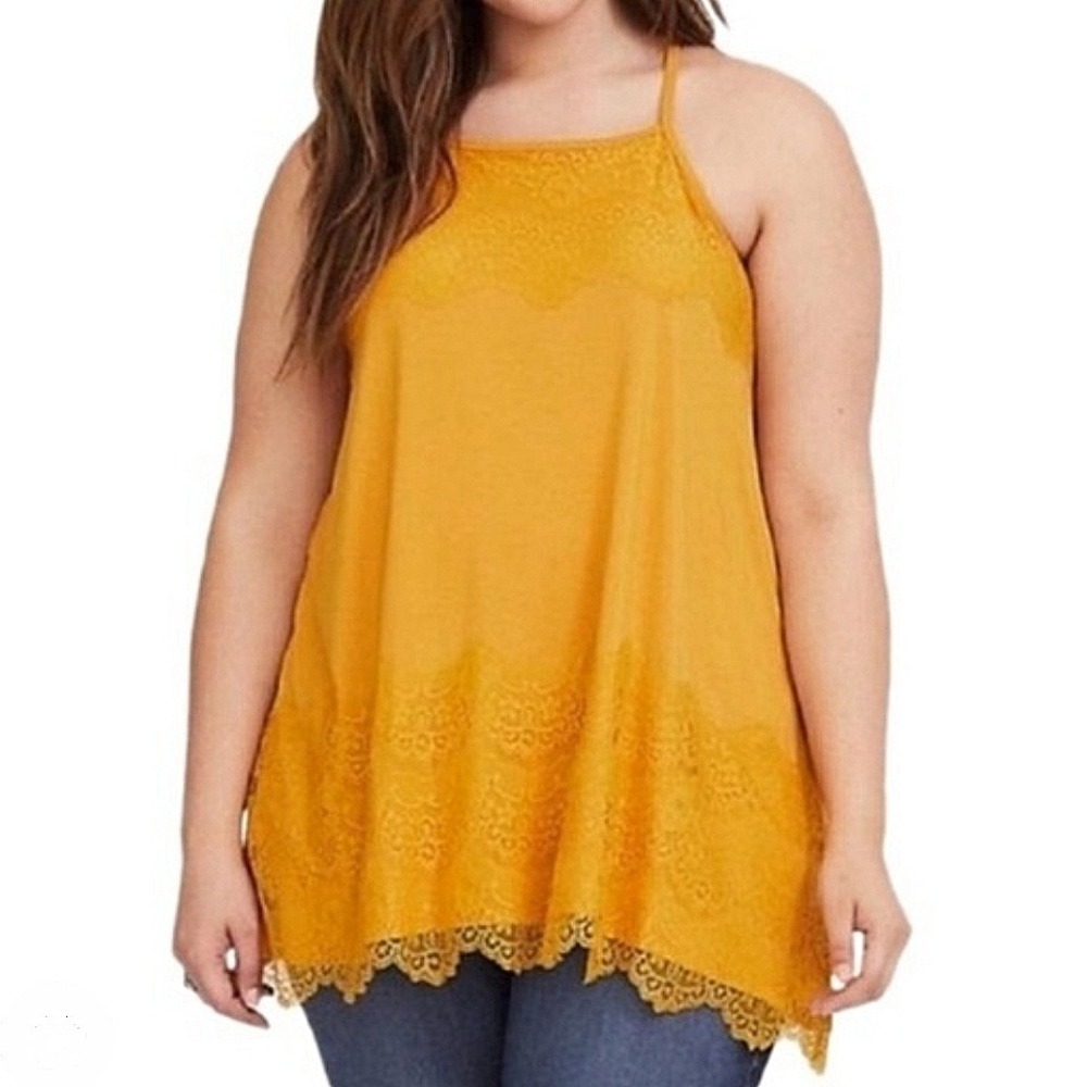 Torrid Super Soft Knit Tank Top Tunic Sz 3 3X Gold Yellow‎ Lace Trim